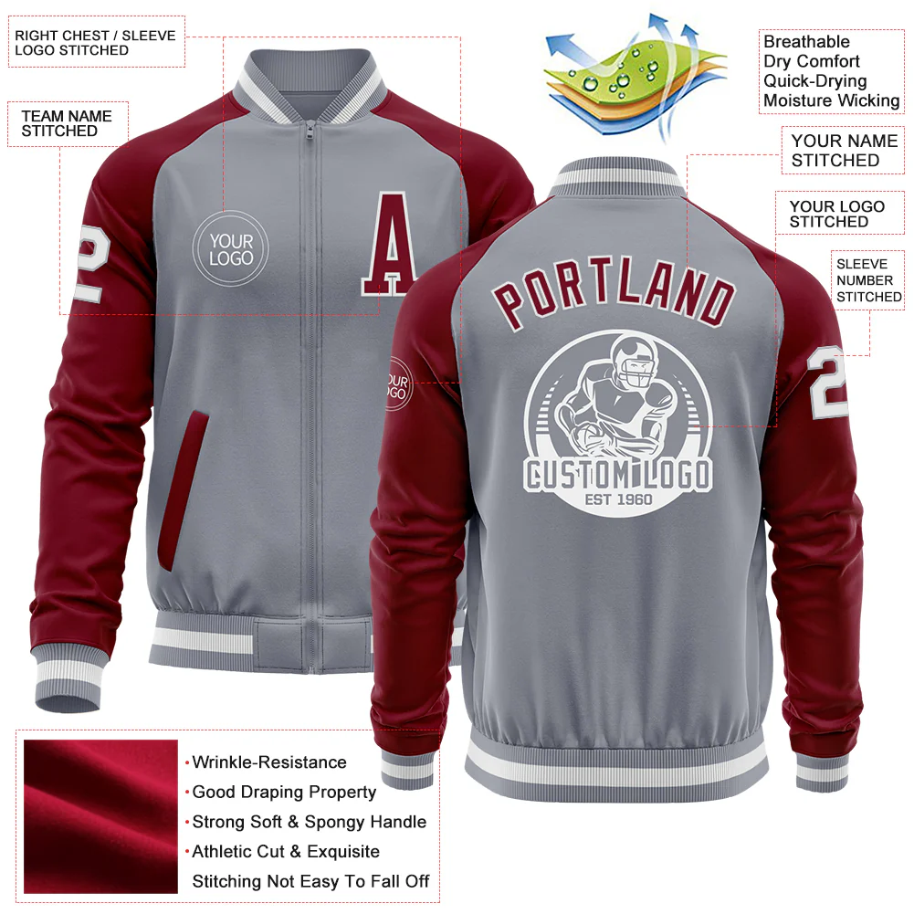 Custom Gray White-Crimson Varsity Letterman Two Tone Zipper Jacket - Image 4