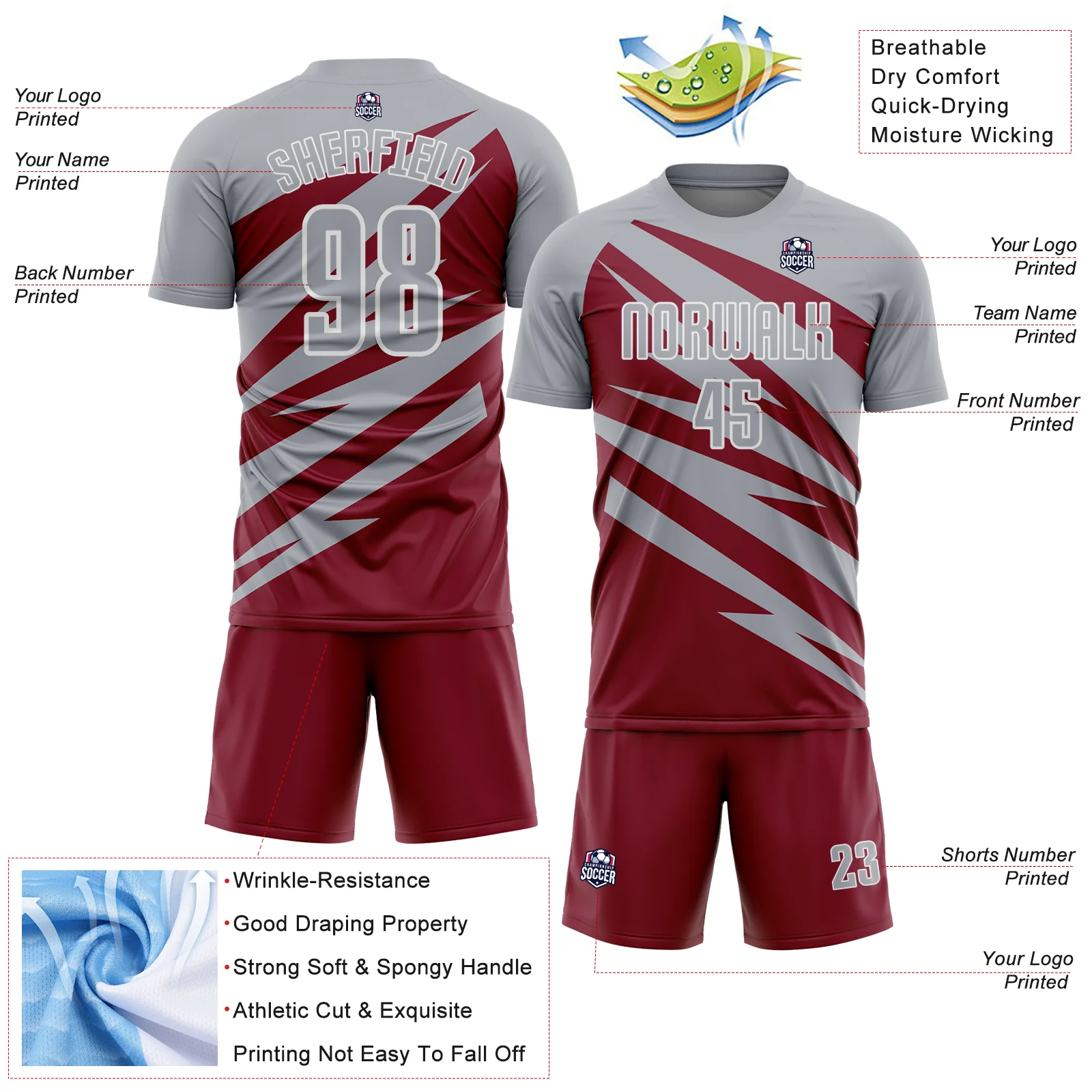 Custom Gray Crimson-White Abstract Line Sports Sublimation Soccer Uniform Jersey - Image 4