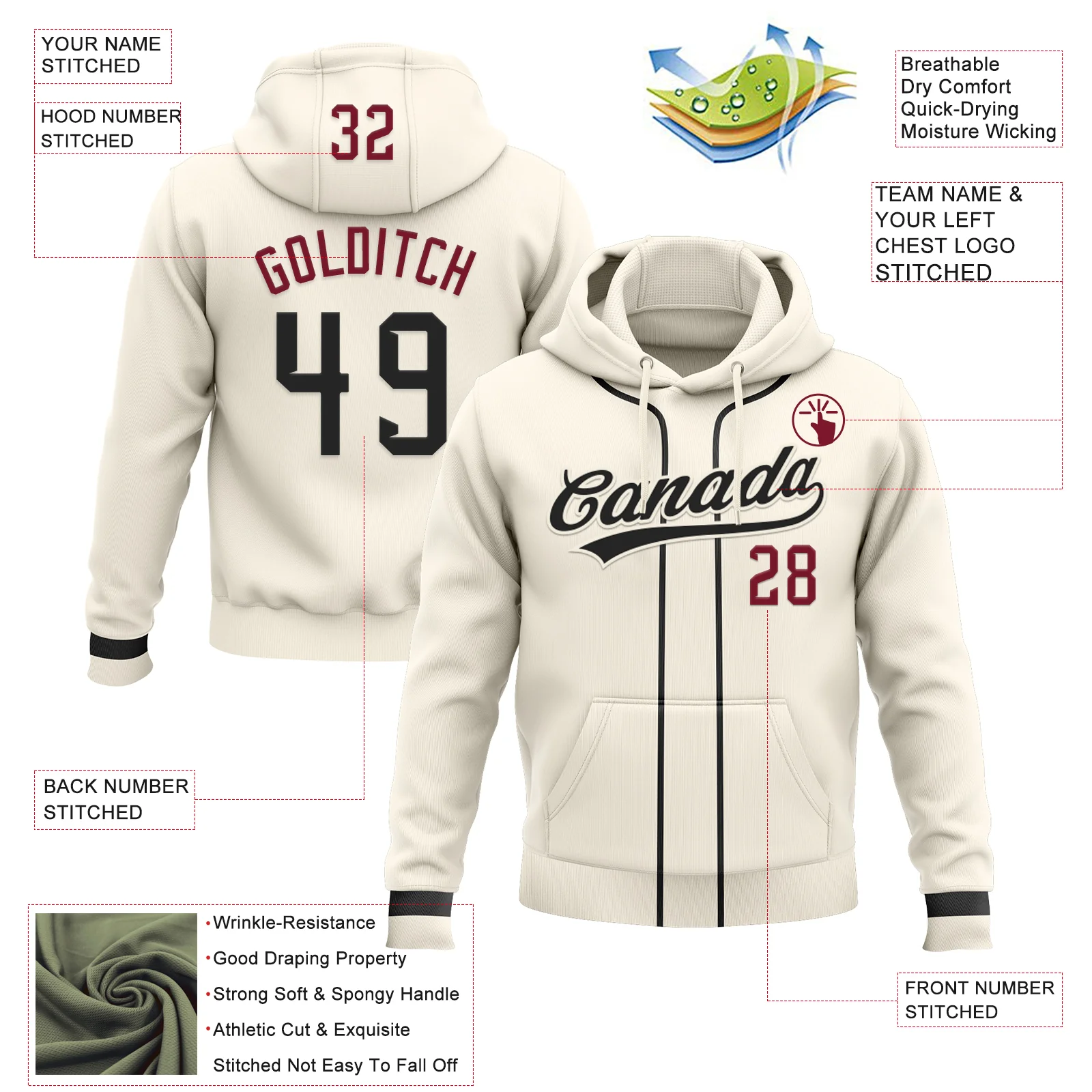 Custom Stitched Cream Black-Crimson Baseball Pullover Sweatshirt Hoodie - Image 2
