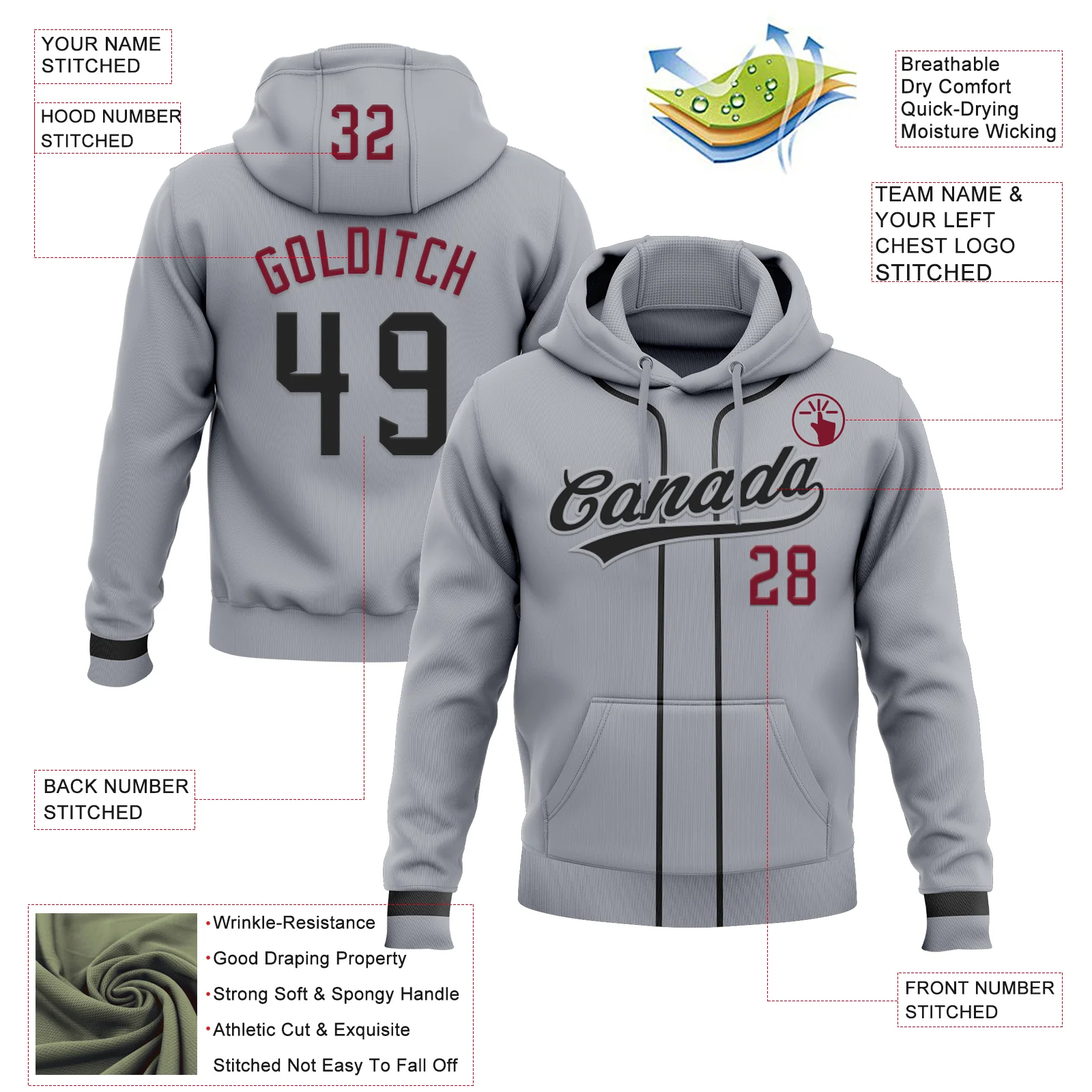 Custom Stitched Gray Black-Crimson Baseball Pullover Sweatshirt Hoodie - Image 2