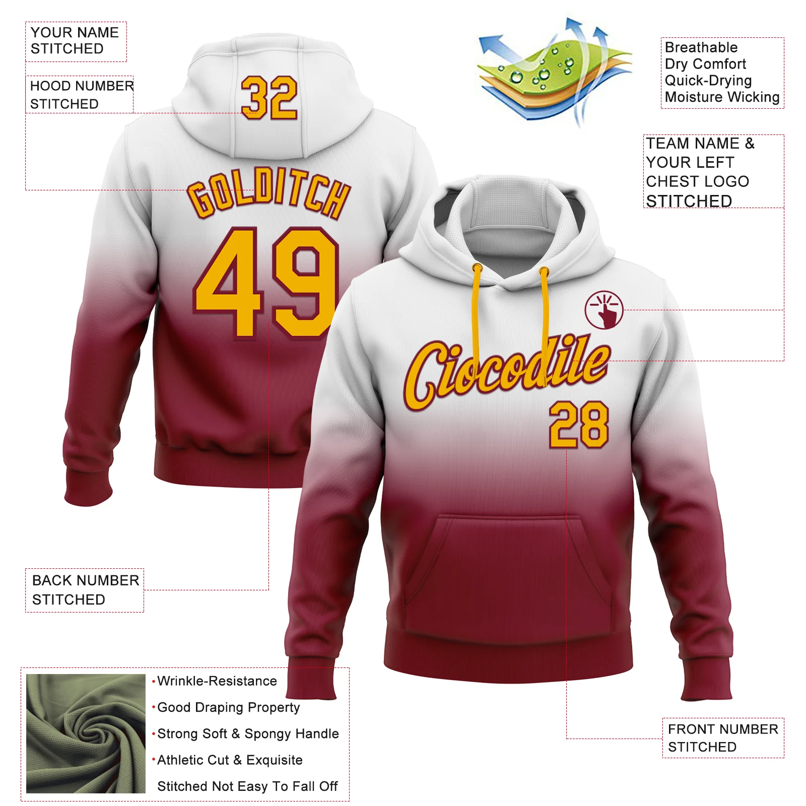 Custom Stitched White Gold-Crimson Fade Fashion Sports Pullover Sweatshirt Hoodie - Image 2