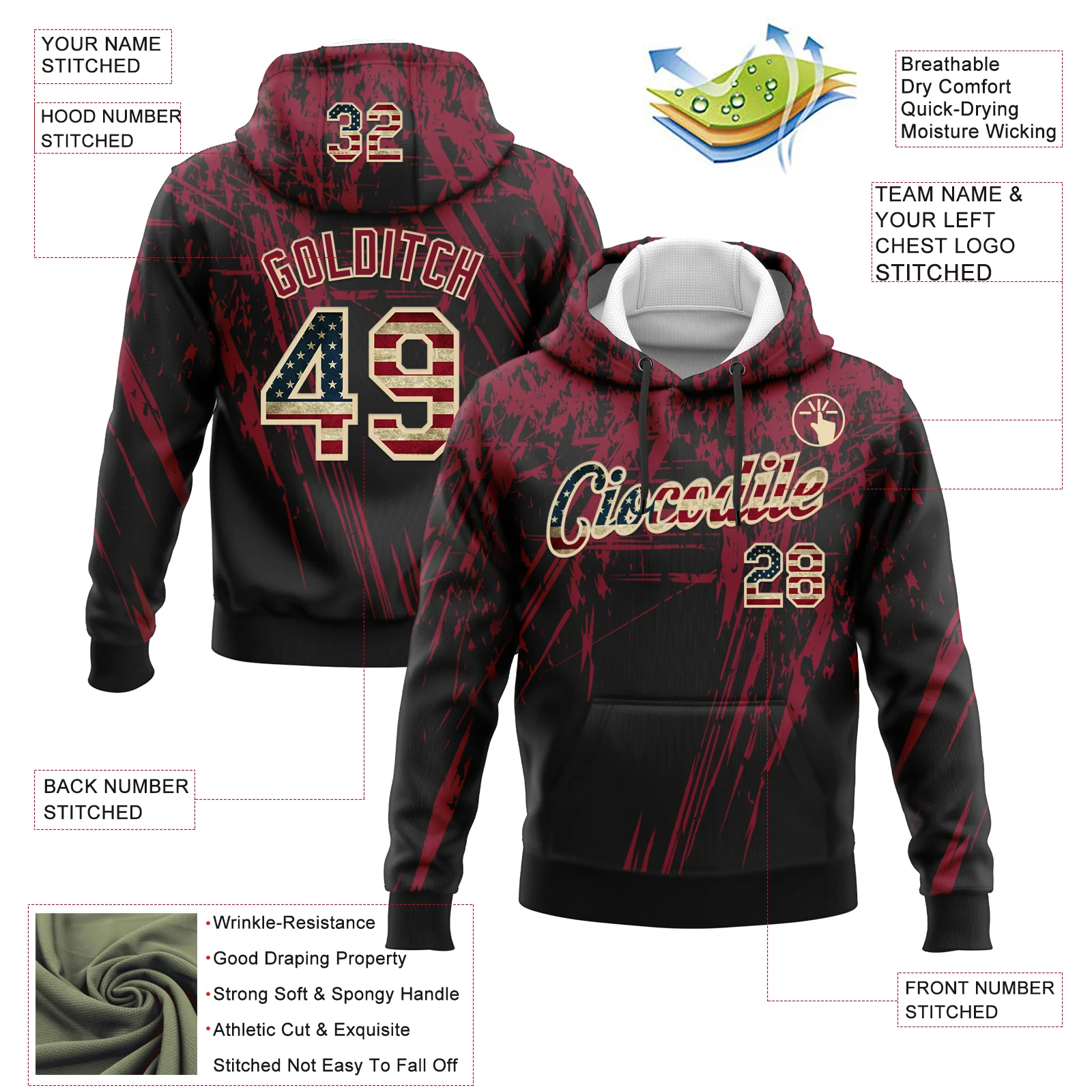 Custom Stitched Black Vintage USA Flag Crimson-Cream 3D Pattern Design Splash Grunge Art Sports Pullover Sweatshirt Hoodie - Image 2