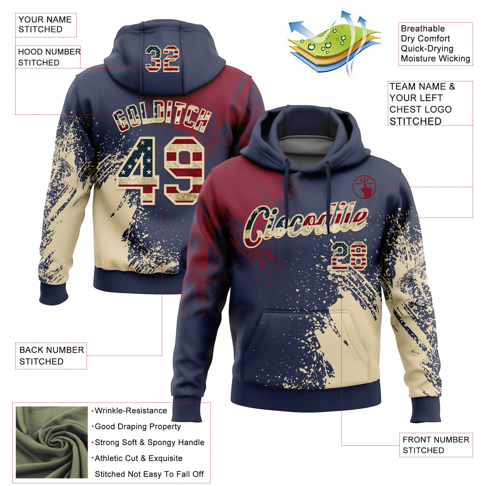 Custom Stitched Navy Vintage USA Flag Crimson-Cream 3D Pattern Design Abstract Brush Stroke Sports Pullover Sweatshirt Hoodie - Image 2