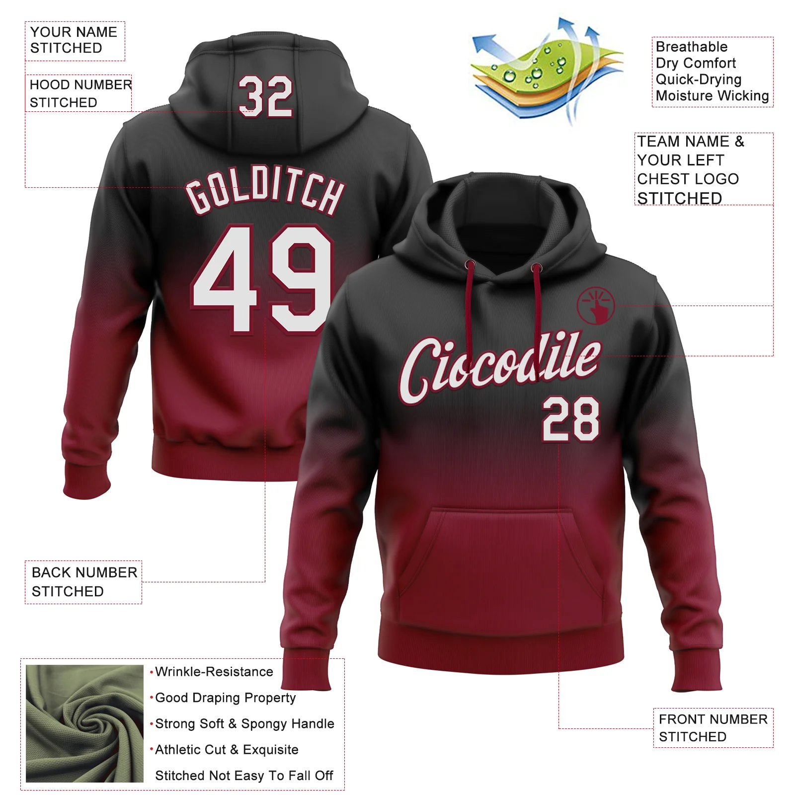Custom Stitched Black White-Crimson Fade Fashion Sports Pullover Sweatshirt Hoodie - Image 2