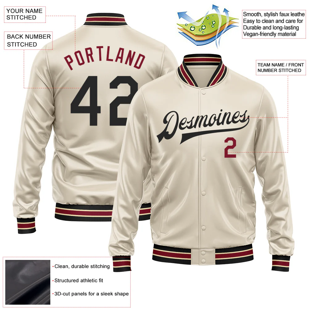 Custom Cream Black-Crimson Bomber Full-Snap Varsity Faux Leather Letterman Jacket - Image 2