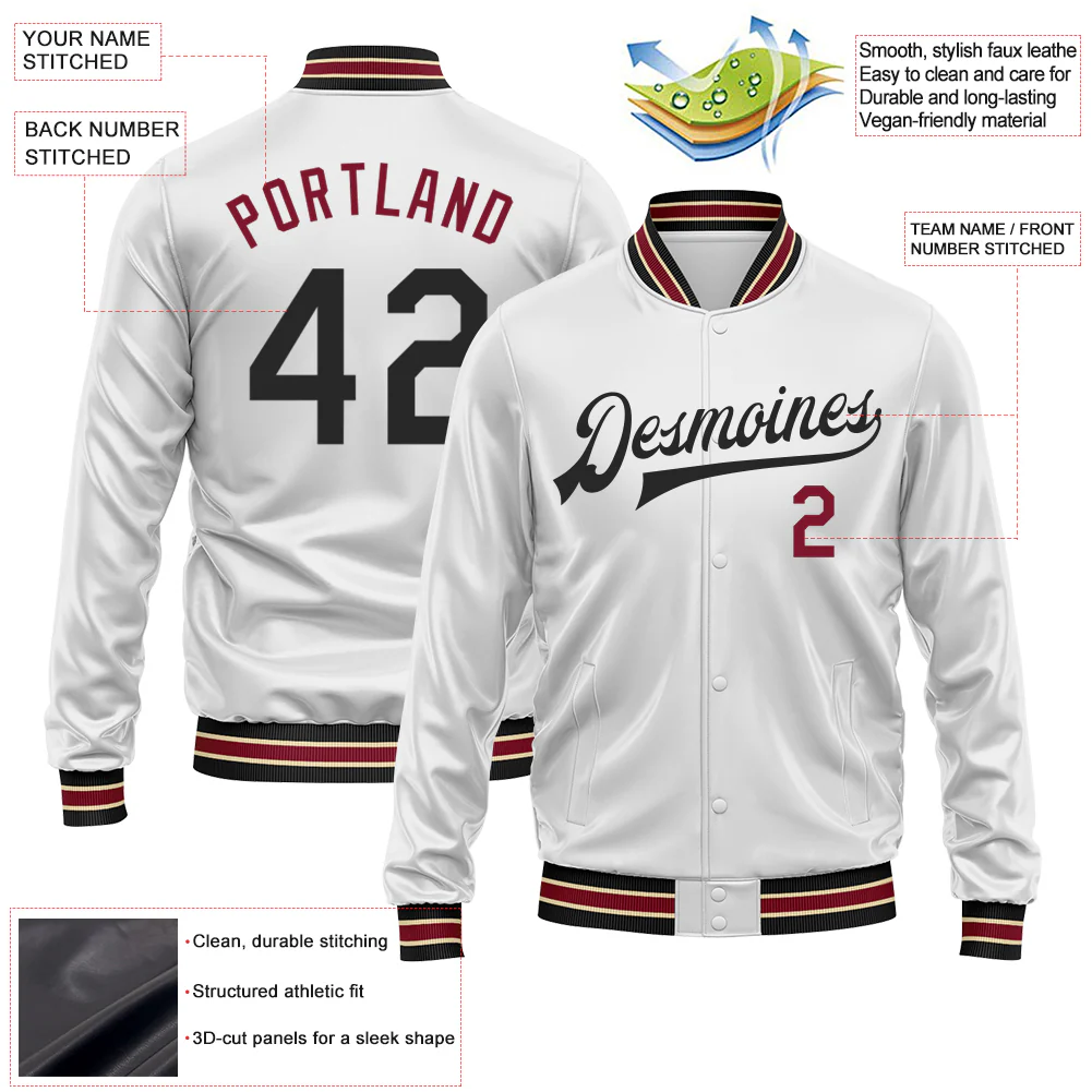 Custom White Black-Crimson Bomber Full-Snap Varsity Faux Leather Letterman Jacket - Image 2