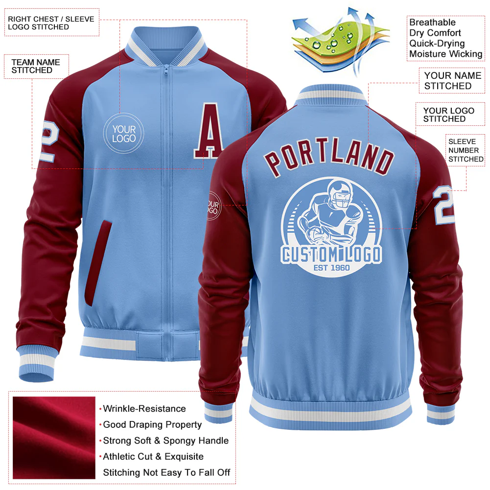 Custom Light Blue White-Crimson Bomber Varsity Letterman Two Tone Zipper Jacket - Image 4