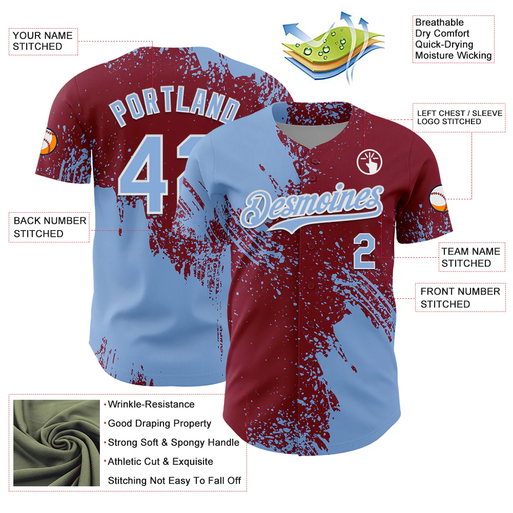 Custom Light Blue Crimson-White 3D Pattern Design Abstract Brush Stroke Authentic Baseball Jersey - Image 3