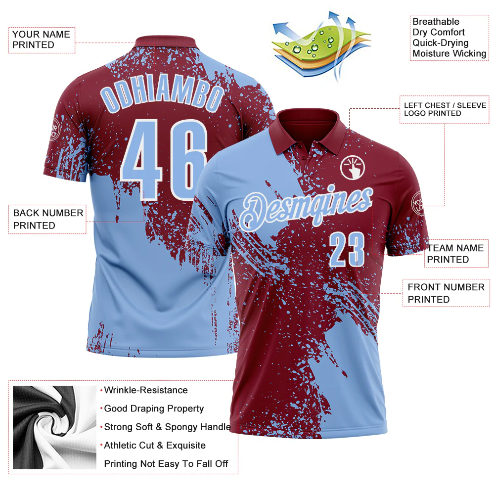 Custom Light Blue Crimson-White 3D Pattern Design Abstract Brush Stroke Performance Polo Shirt - Image 3