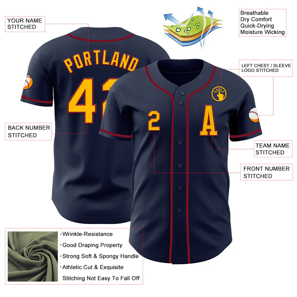 Custom Navy Gold-Crimson Authentic Baseball Jersey - Image 2