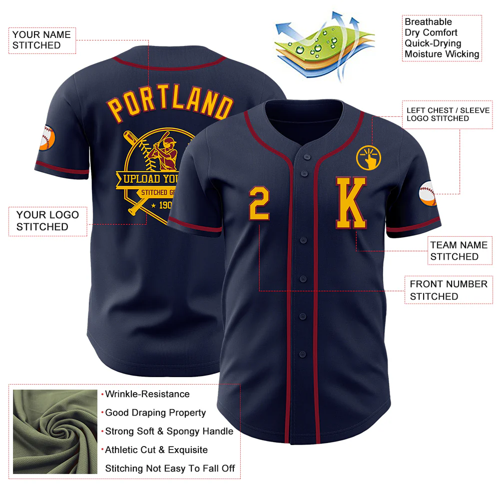 Custom Navy Gold-Crimson Authentic Baseball Jersey - Image 6