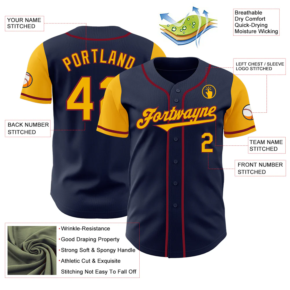 Custom Navy Gold-Crimson Authentic Two Tone Baseball Jersey - Image 3