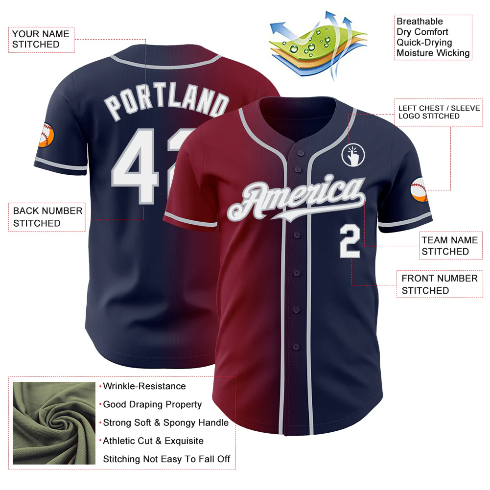 Custom Navy White Crimson-Gray Authentic Gradient Fashion Baseball Jersey - Image 3