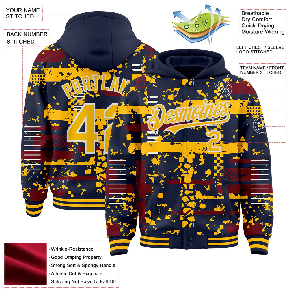 Custom Navy Gold Crimson-White Abstract Fragment Shape Bomber Full-Snap Varsity Letterman Hoodie Jacket - Image 4