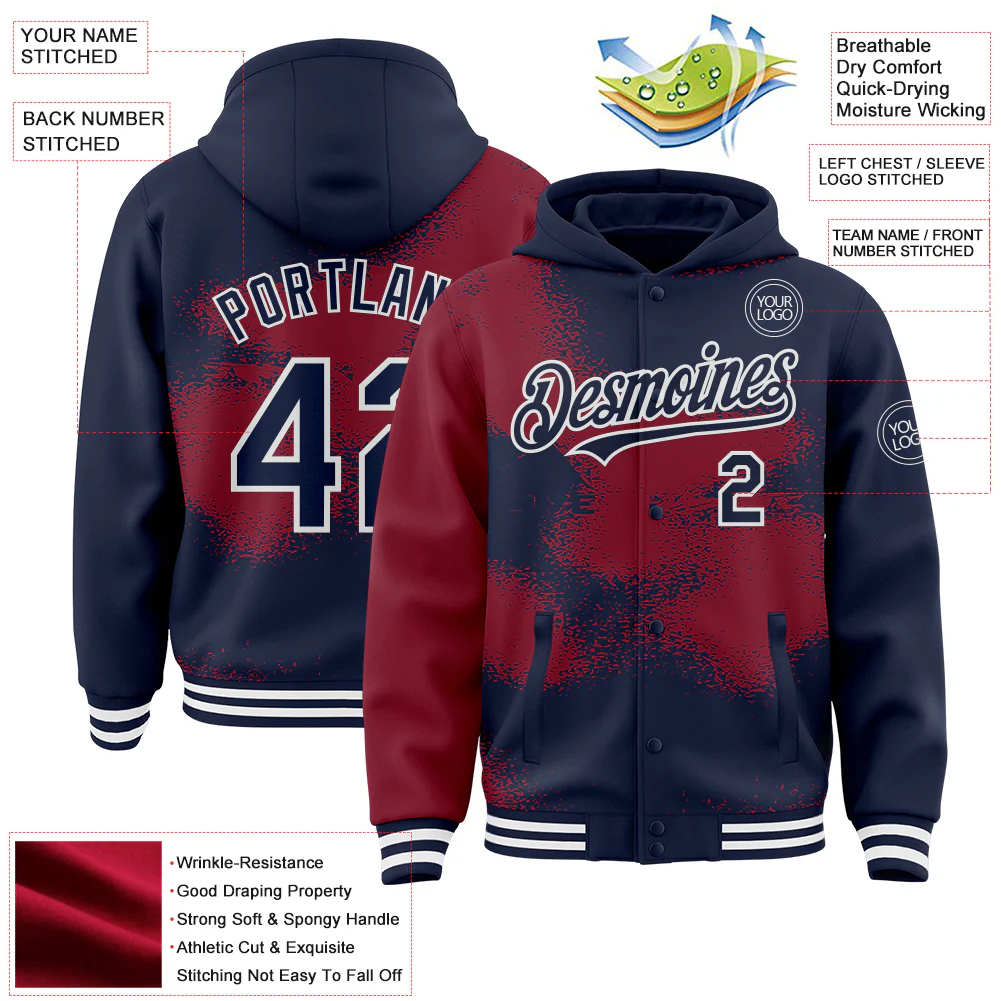 Custom Navy Crimson-White Abstract Color Blocks Fragment Pattern Bomber Full-Snap Varsity Letterman Hoodie Jacket - Image 4