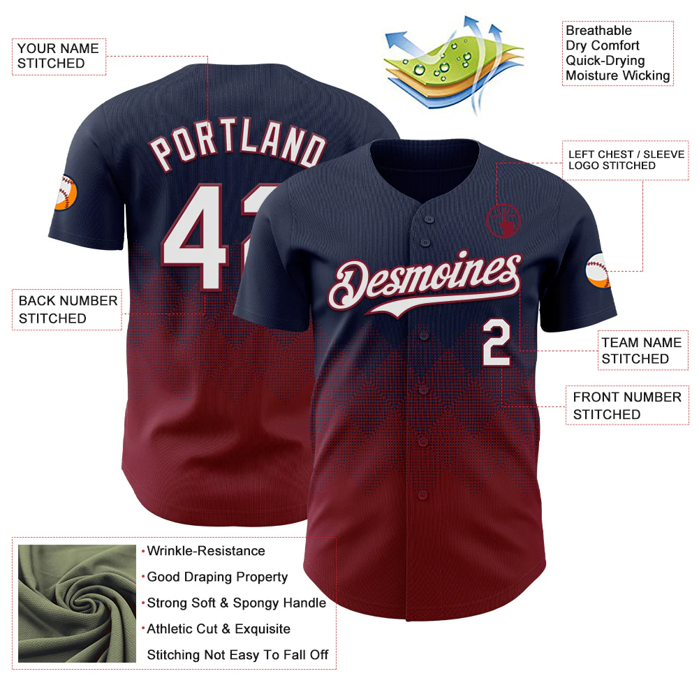 Custom Navy White-Crimson 3D Gradient Square Shape Authentic Baseball Jersey - Image 3