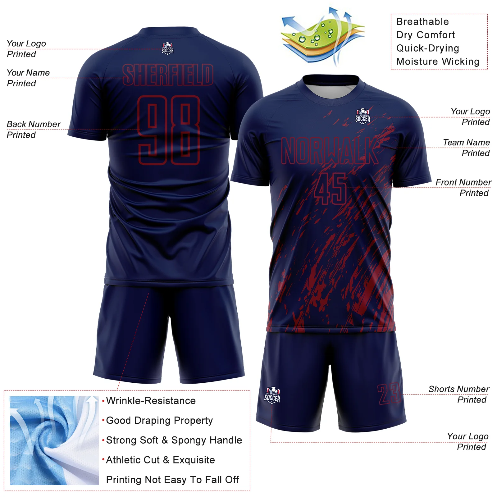 Custom Navy Crimson Splash Sublimation Soccer Uniform Jersey - Image 4