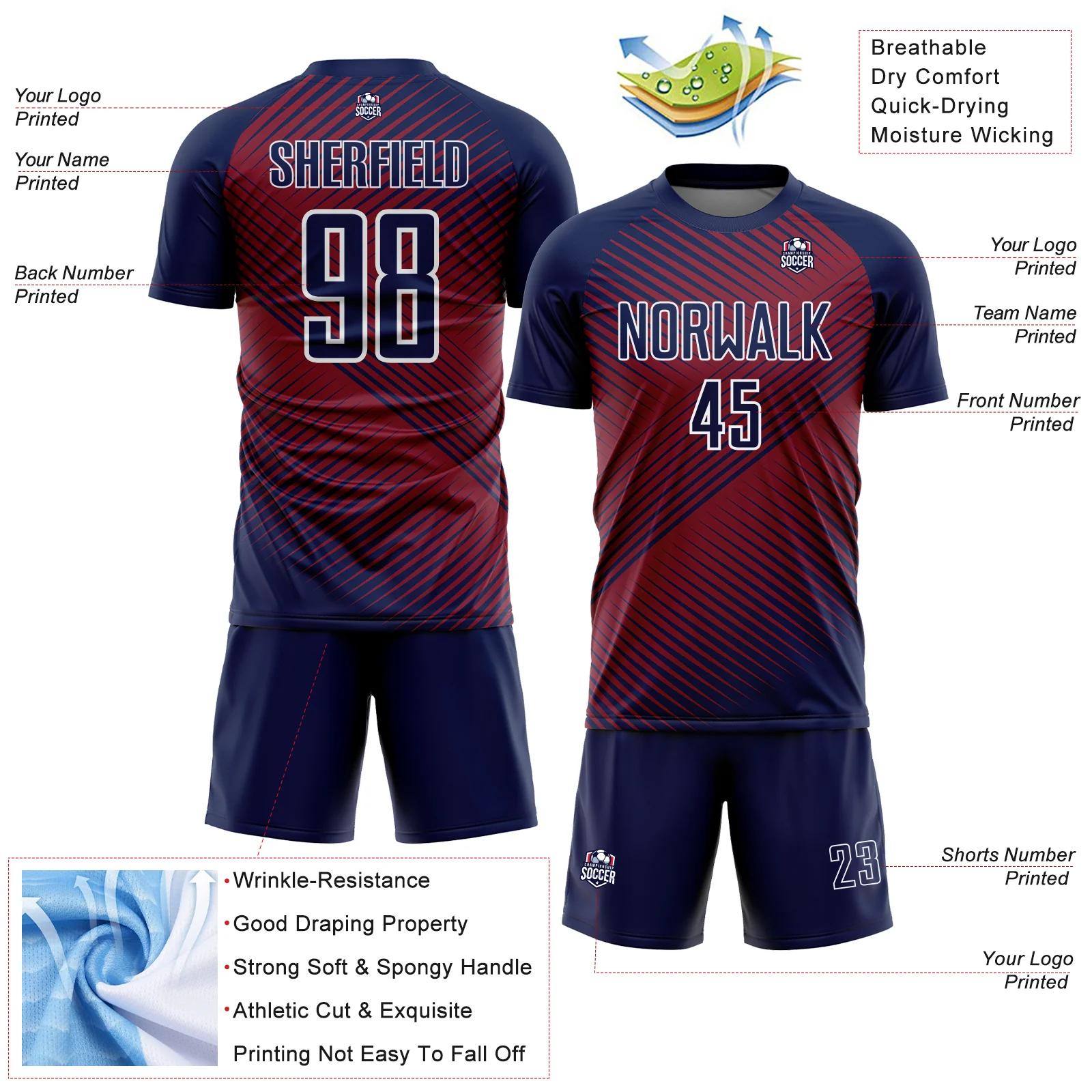 Custom Navy Crimson-White Line Sublimation Soccer Uniform Jersey - Image 4