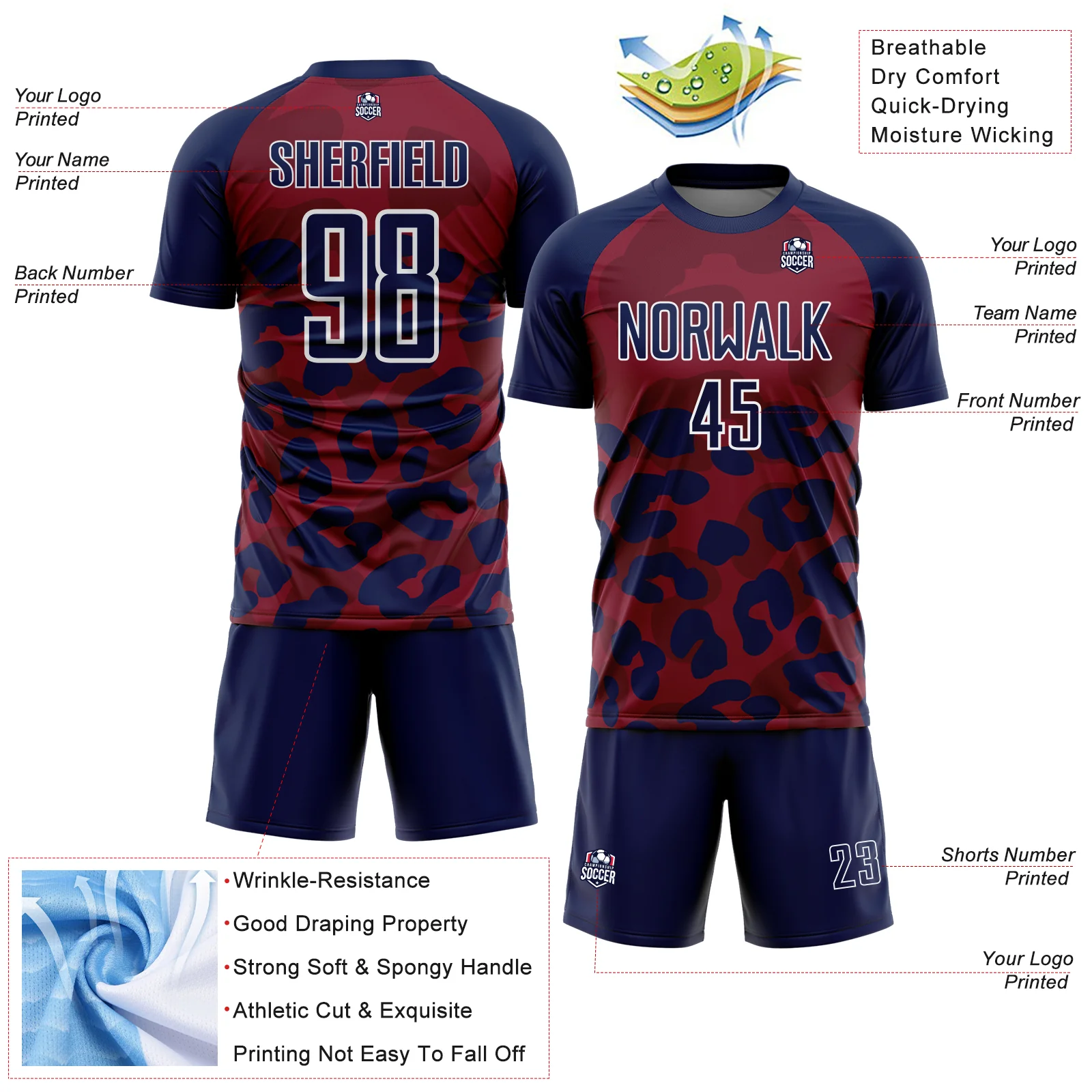 Custom Navy Crimson-White Animal Leopard Print Sports Sublimation Soccer Uniform Jersey - Image 4
