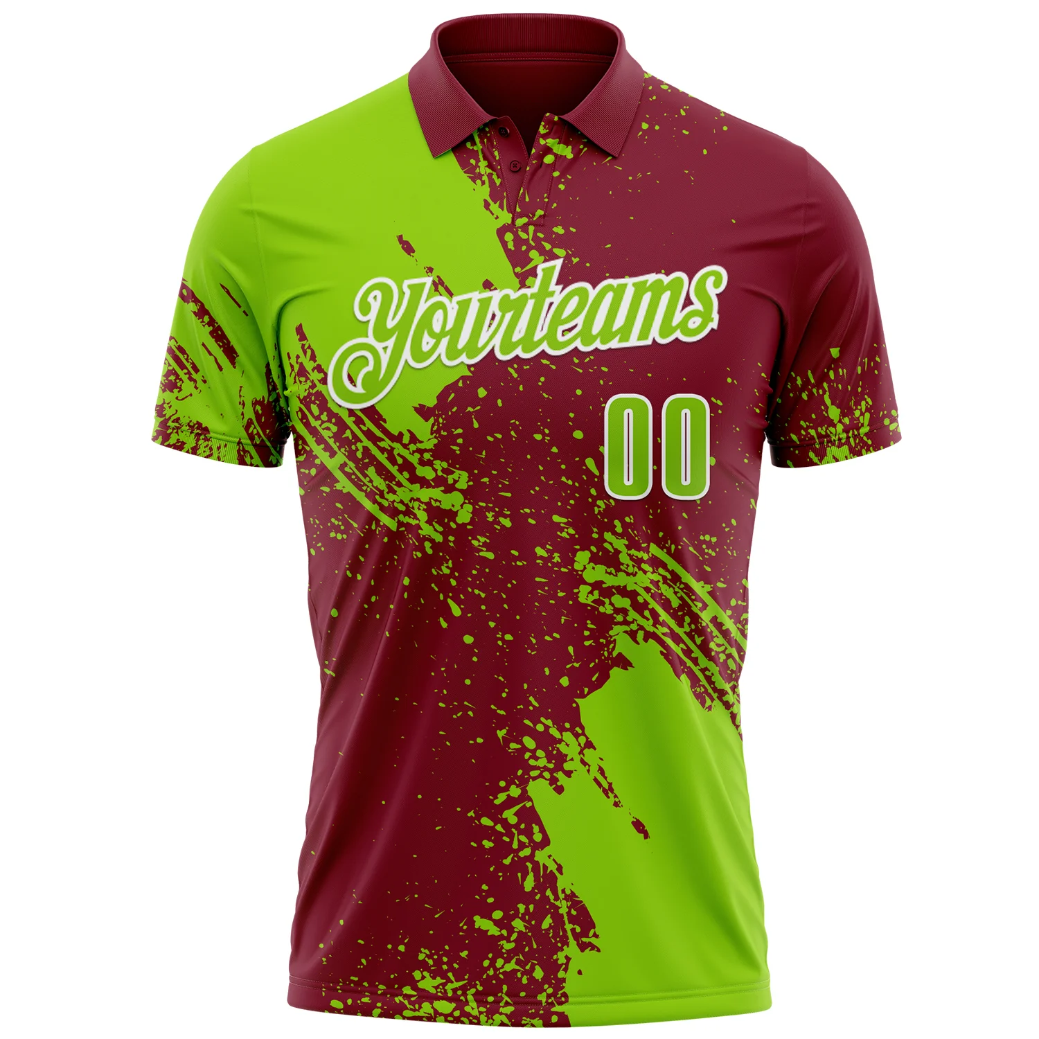 Custom Neon Green Crimson-White 3D Pattern Design Abstract Brush Stroke Performance Polo Shirt - Image 2