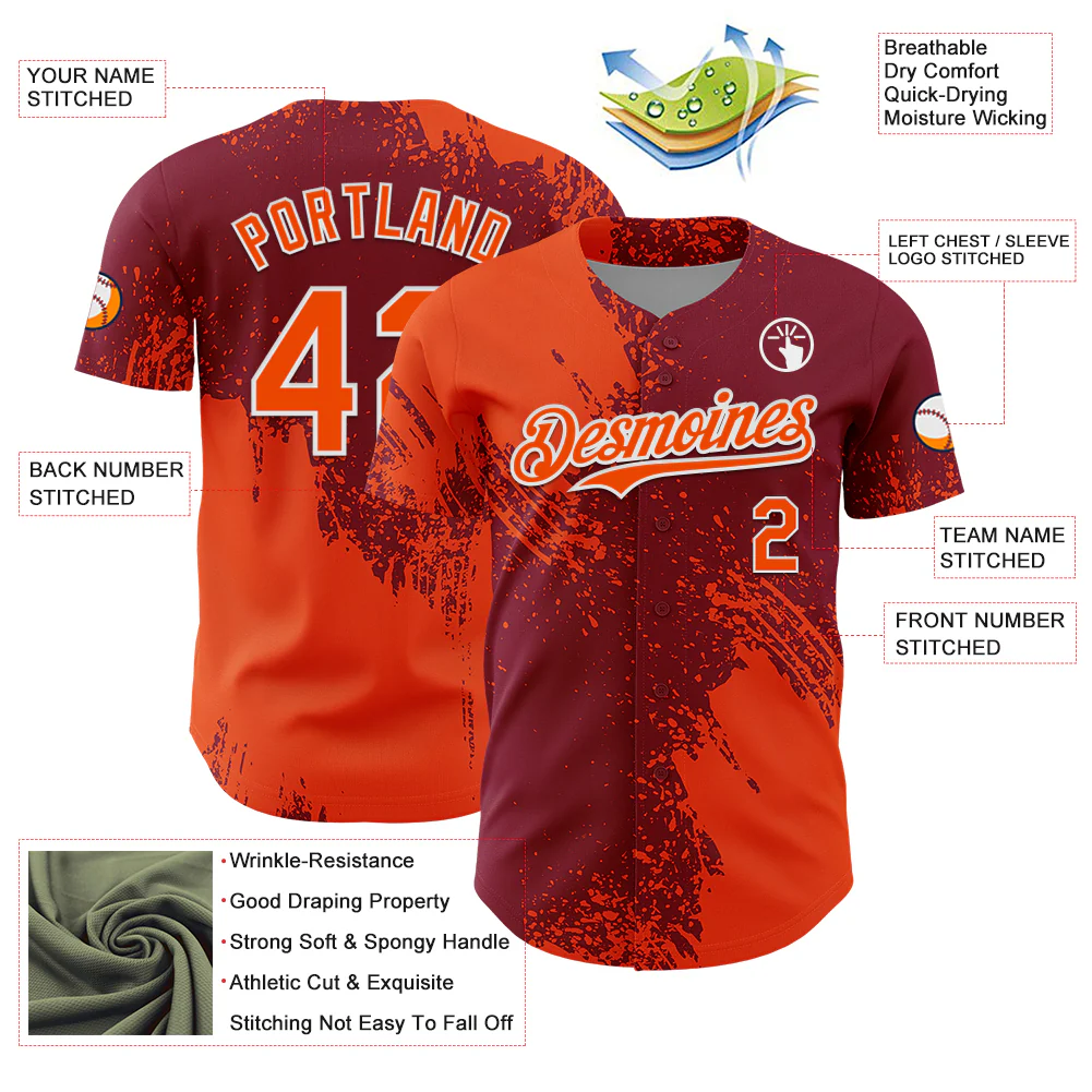 Custom Orange Crimson-White 3D Pattern Design Abstract Brush Stroke Authentic Baseball Jersey - Image 3