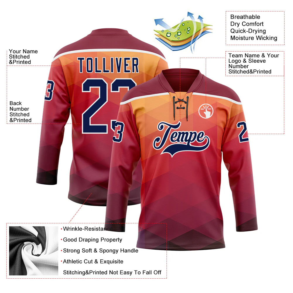 Custom Orange Navy Crimson-White Abstract Gradient Halftone Pattern Hockey Lace Neck Jersey - Image 5