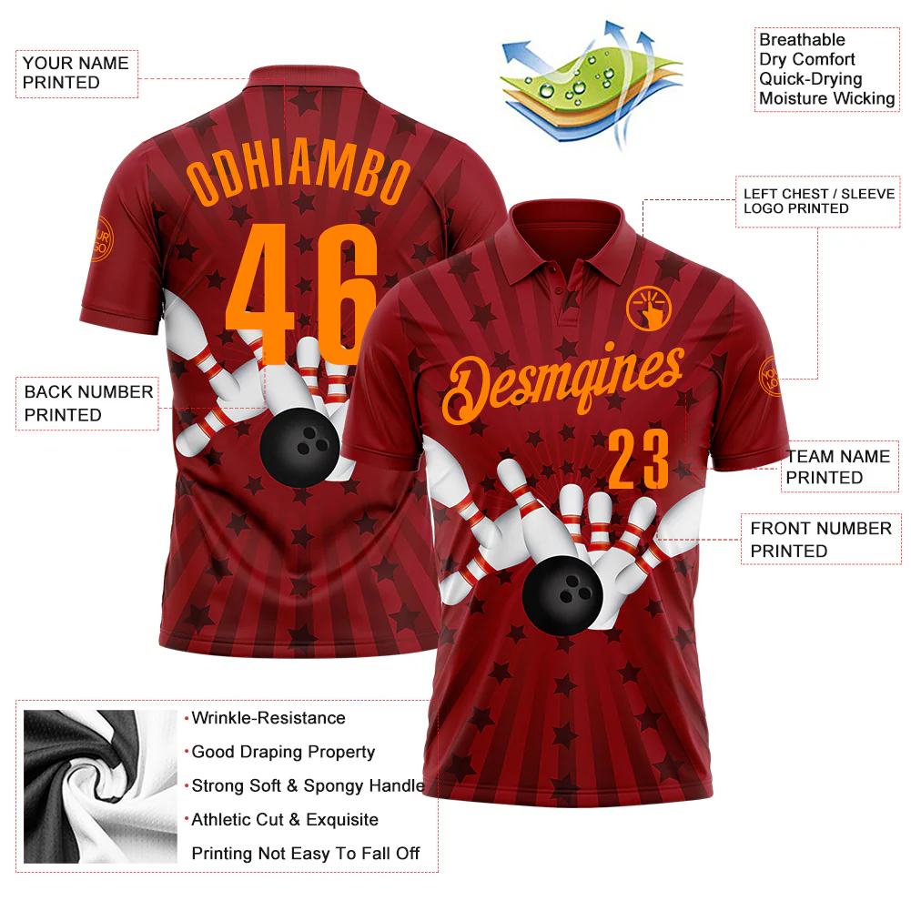 Custom Crimson Bay Orange 3D Bowling Star Performance Polo Shirt - Image 3