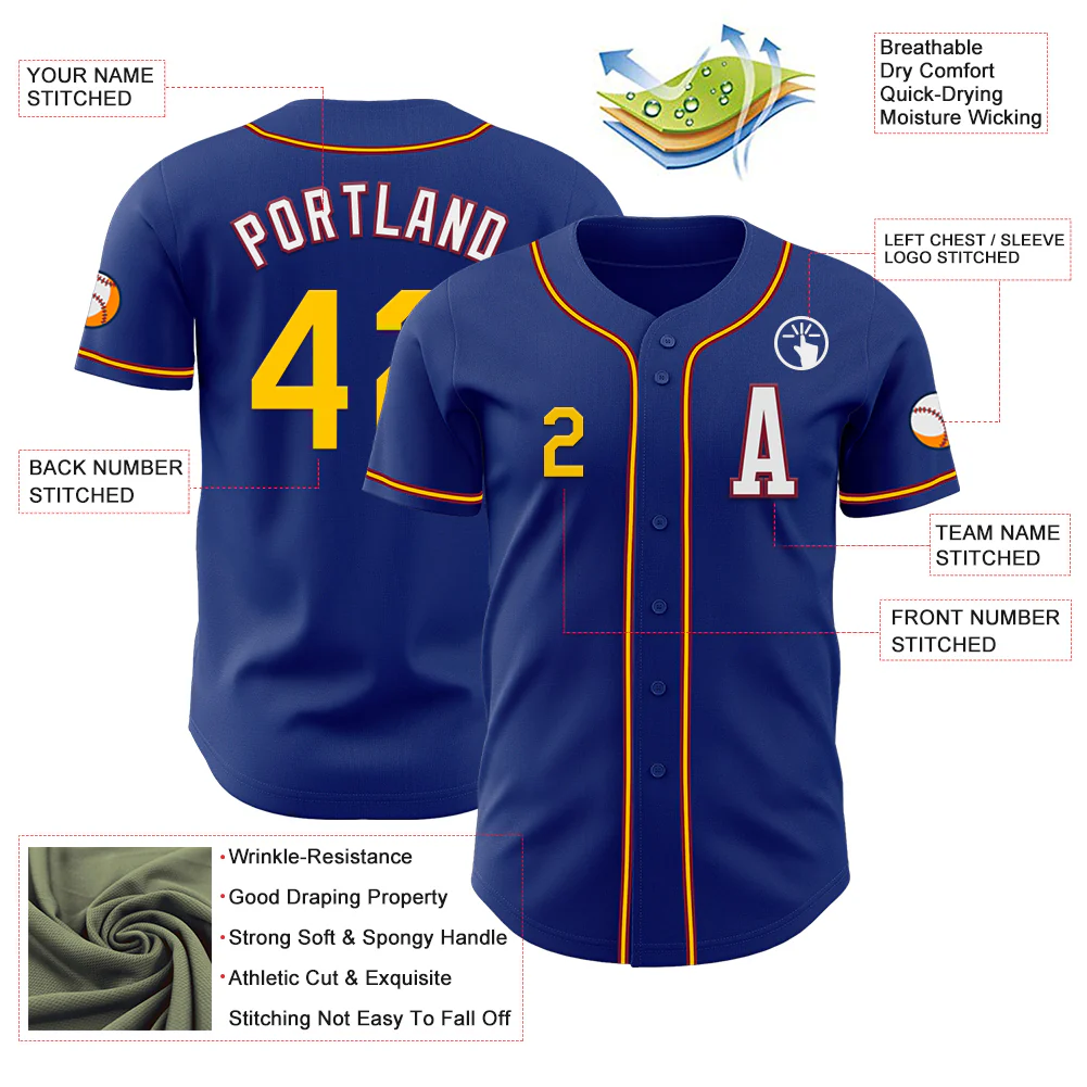 Custom Royal Yellow-Crimson Authentic Baseball Jersey - Image 2