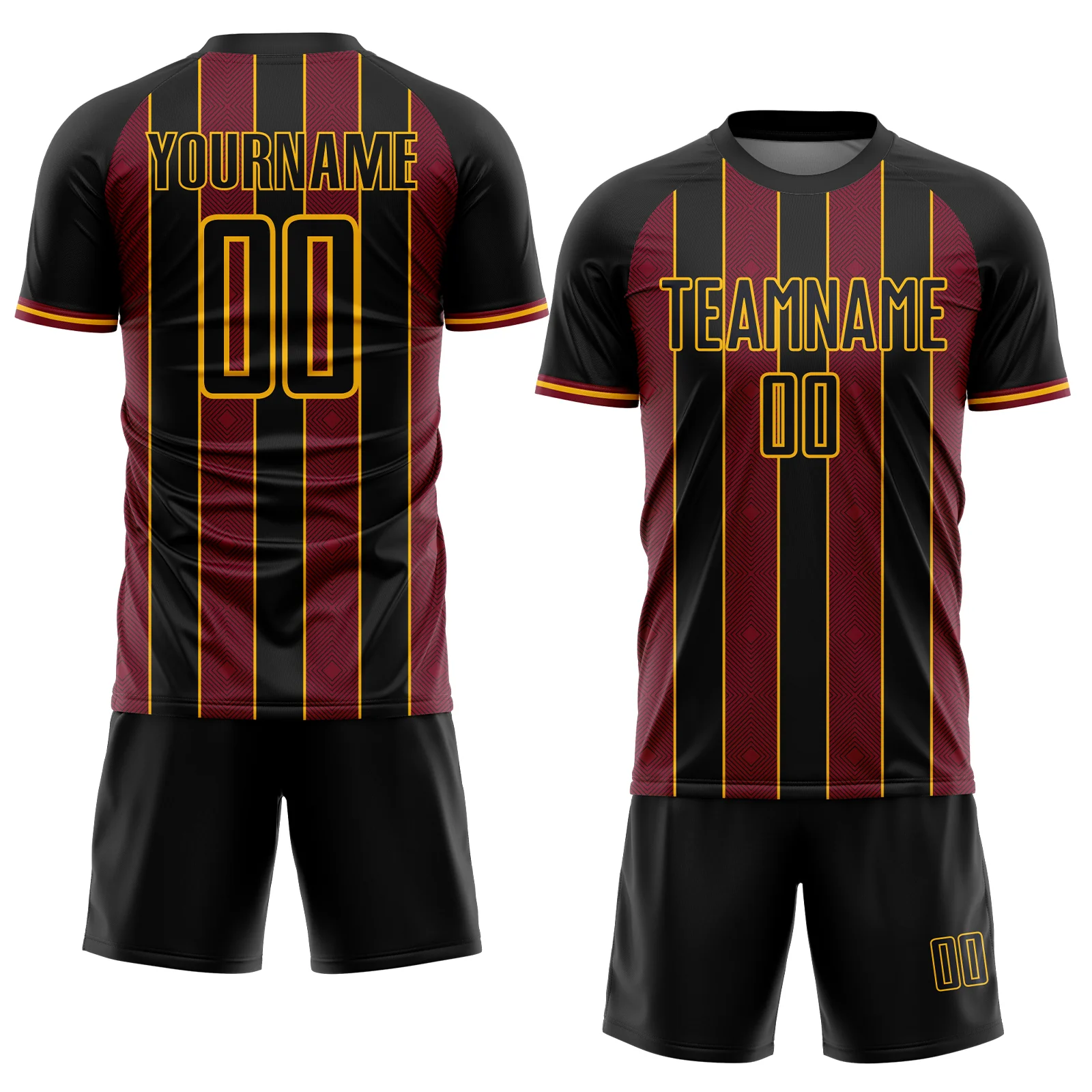 Custom Black Crimson-Gold Pinstripe Line Sports Sublimation Soccer Uniform Jersey - Image 2