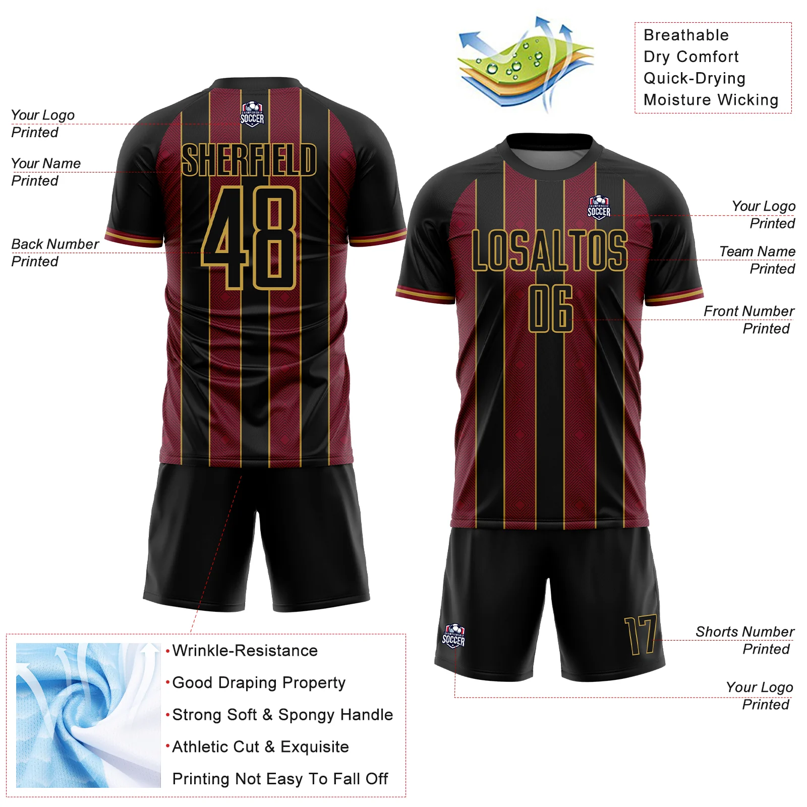 Custom Black Crimson-Old Gold Pinstripe Line Sports Sublimation Soccer Uniform Jersey - Image 4