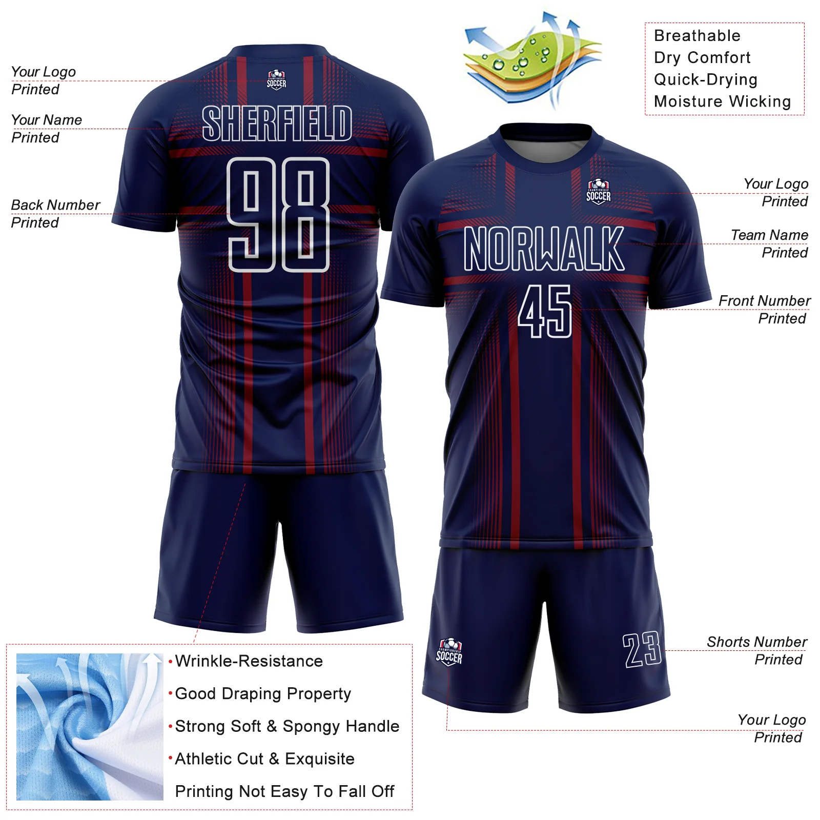 Custom Navy Crimson-White Lines Sublimation Soccer Uniform Jersey - Image 4