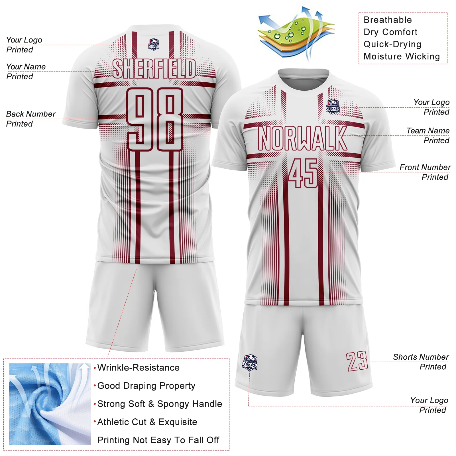 Custom White Crimson Lines Sublimation Soccer Uniform Jersey - Image 4
