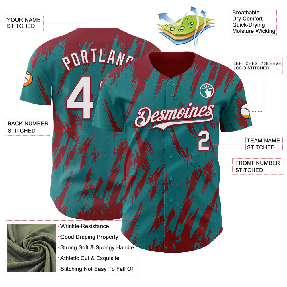 Custom Teal White-Crimson Splatter Torn Sharp Brush Stroke Authentic Baseball Jersey - Image 3