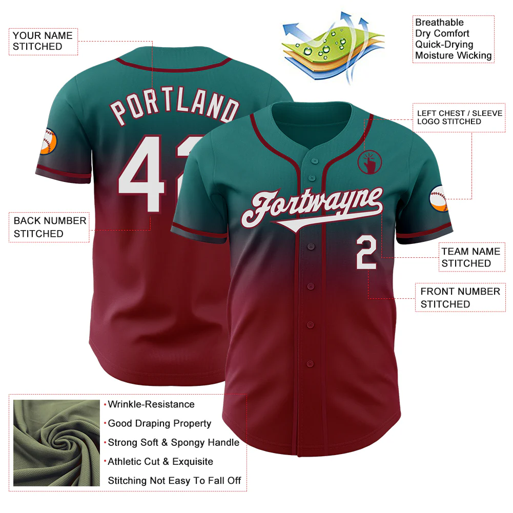 Custom Teal White-Crimson Authentic Fade Fashion Baseball Jersey - Image 3