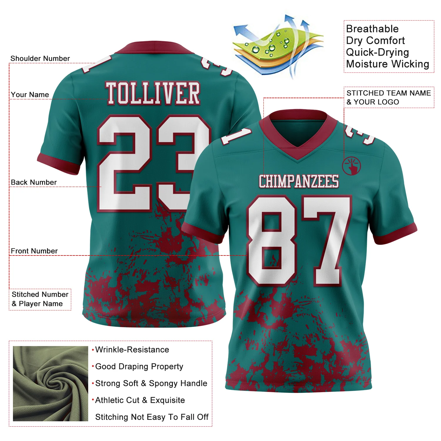 Custom Teal White-Crimson 3D Pattern Splash Authentic Football Jersey - Image 2