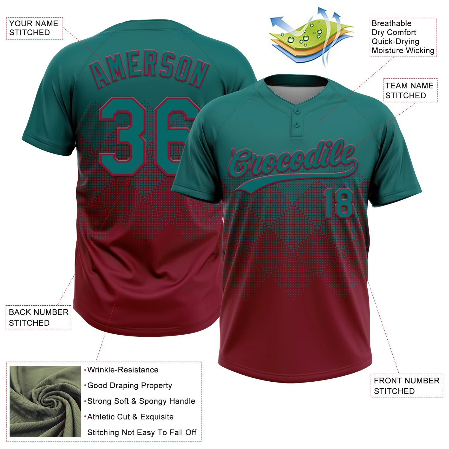 Custom Teal Crimson 3D Gradient Square Shape Two-Button Unisex Softball Jersey - Image 3