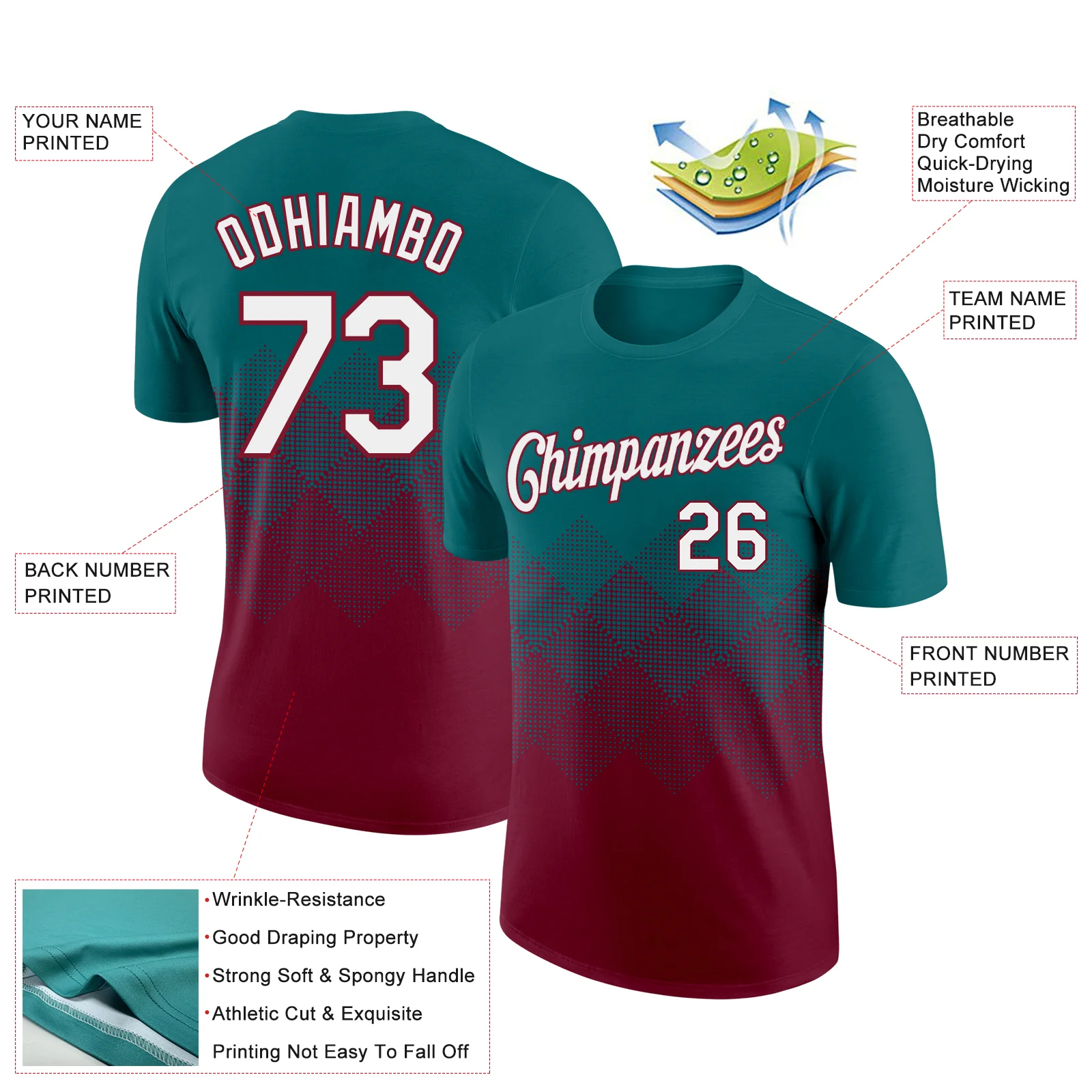 Custom Teal White-Crimson 3D Pattern Design Gradient Square Shapes Performance T-Shirt - Image 2