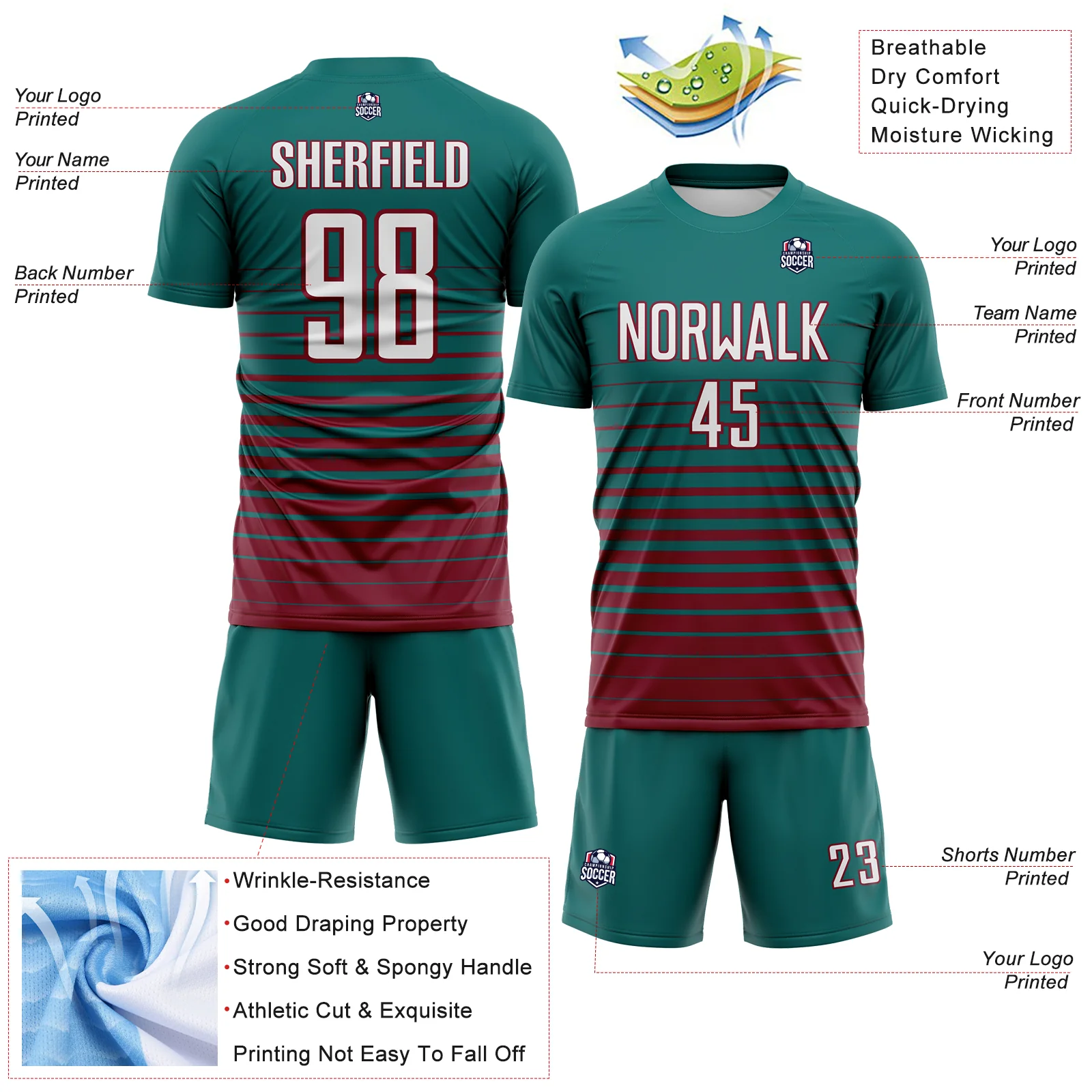 Custom Teal White-Crimson Gradient Pinstripe Sublimation Soccer Uniform Jersey - Image 4