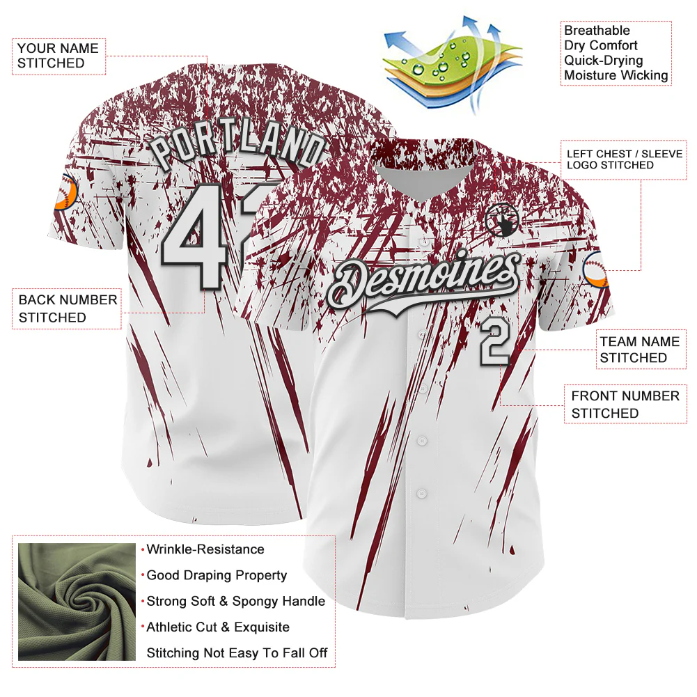 Custom White Crimson-Black Distressed Scratch Brush Stroke Authentic Baseball Jersey - Image 3