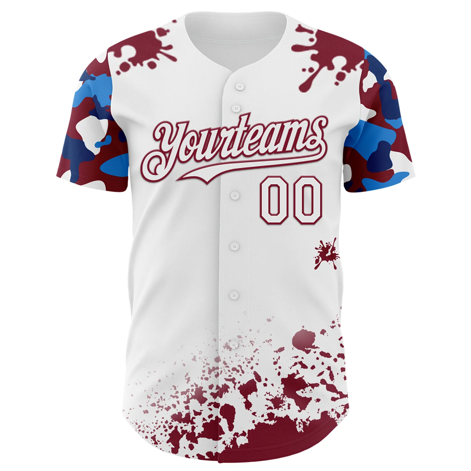 Custom White Crimson-Blue Splatter Camo Two Tone Authentic Baseball Jersey - Image 2