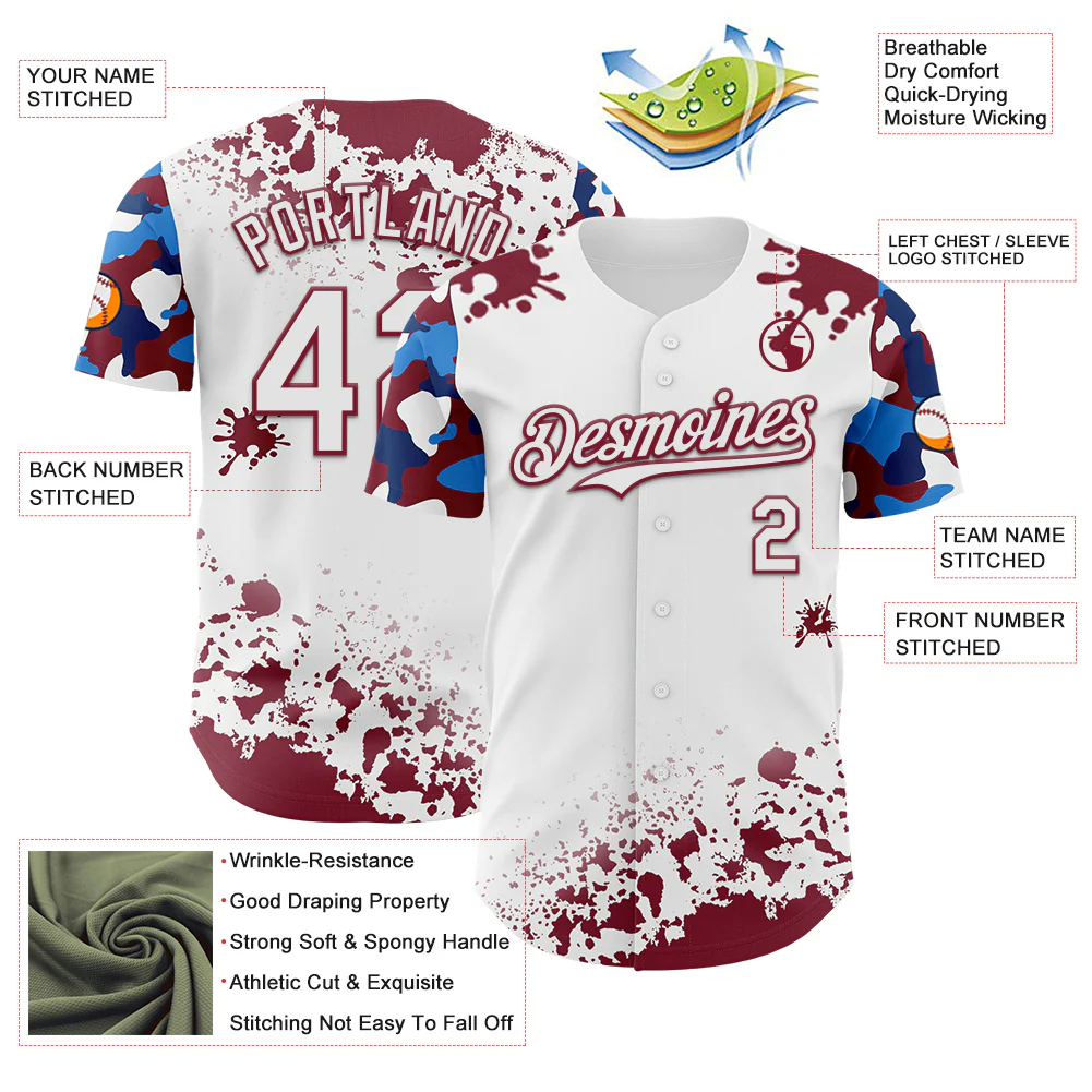 Custom White Crimson-Blue Splatter Camo Two Tone Authentic Baseball Jersey - Image 3