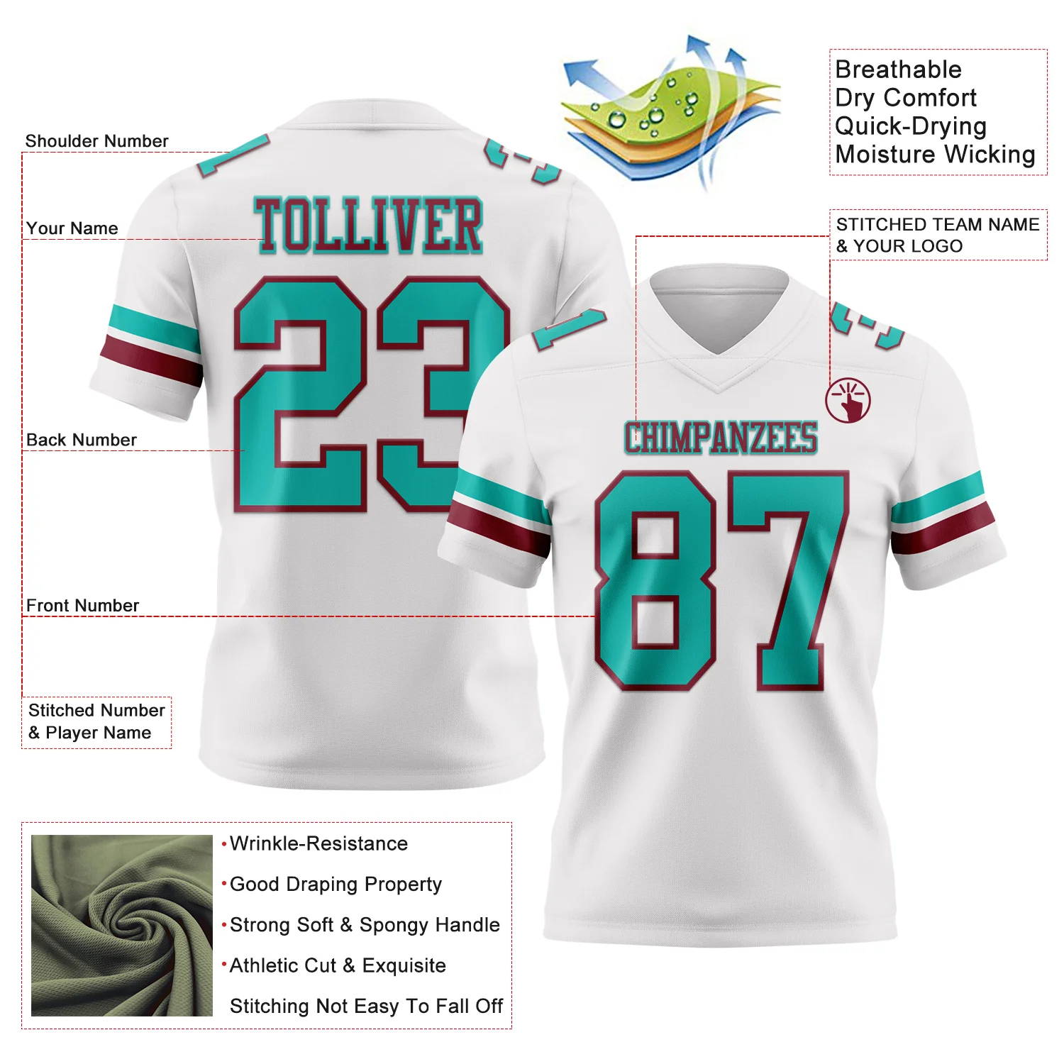 Custom White Aqua-Crimson Authentic Football Jersey - Image 3