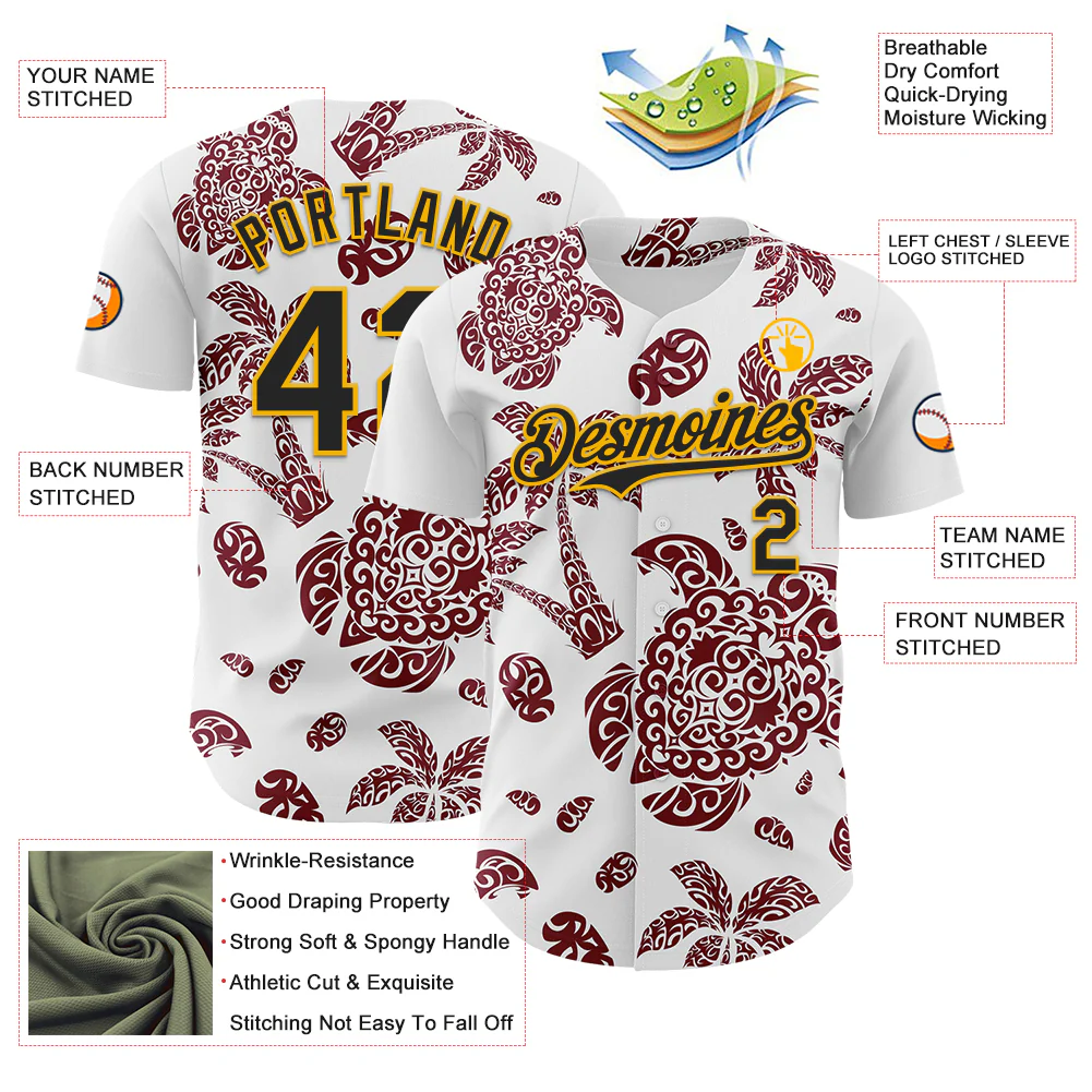 Custom White Black Crimson-Gold 3D Polynesian Style Palm Trees Islander Authentic Baseball Jersey - Image 3