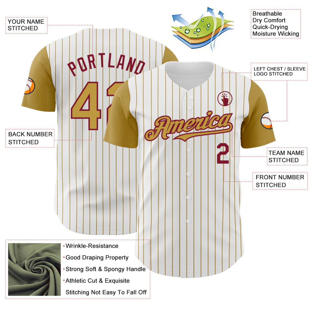 Custom White Old Gold Pinstripe Crimson Authentic Two Tone Baseball Jersey - Image 3