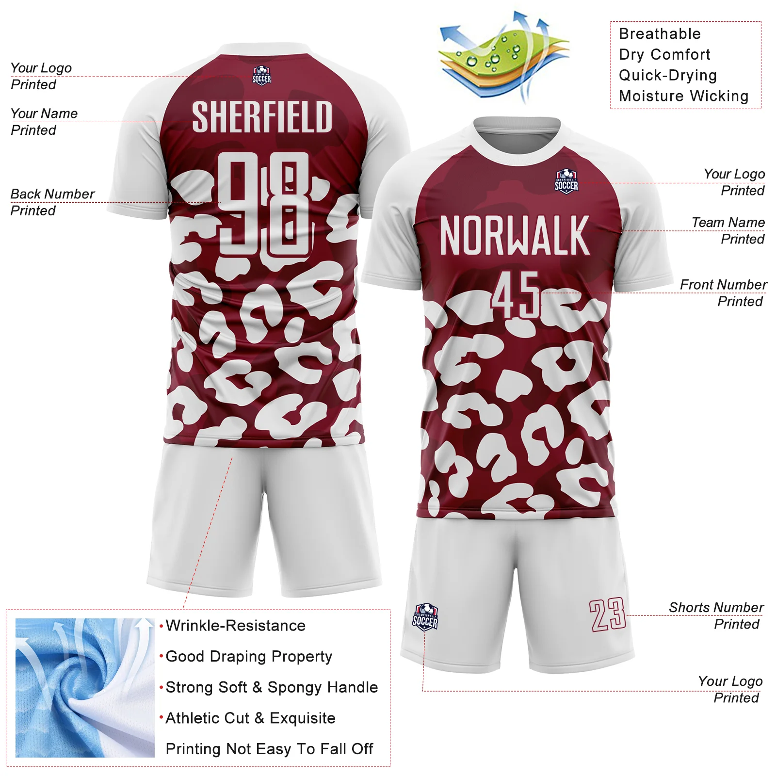 Custom White Crimson Animal Leopard Print Sports Sublimation Soccer Uniform Jersey - Image 4