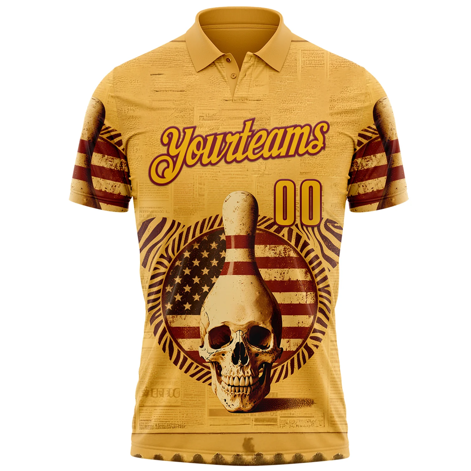 Custom Yellow Gold-Crimson 3D Retro American Flag Skull Bowling Performance Polo Shirt - Image 2