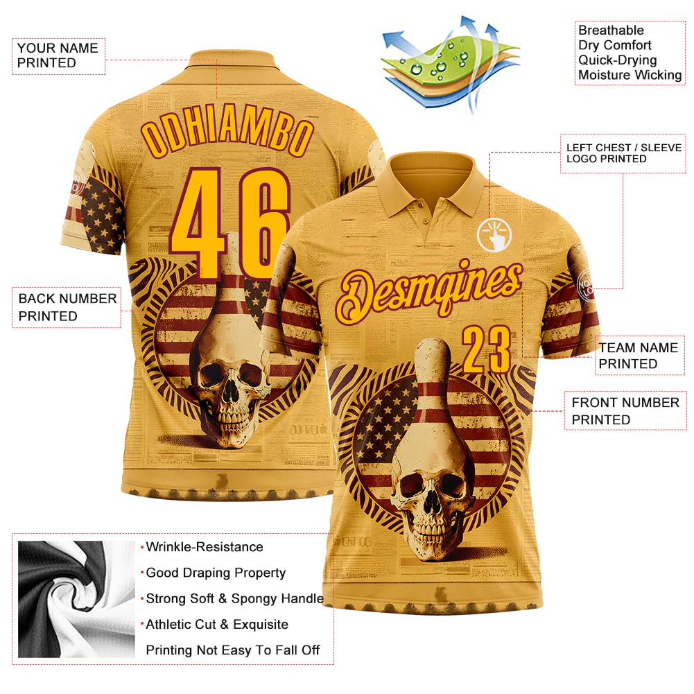 Custom Yellow Gold-Crimson 3D Retro American Flag Skull Bowling Performance Polo Shirt - Image 3