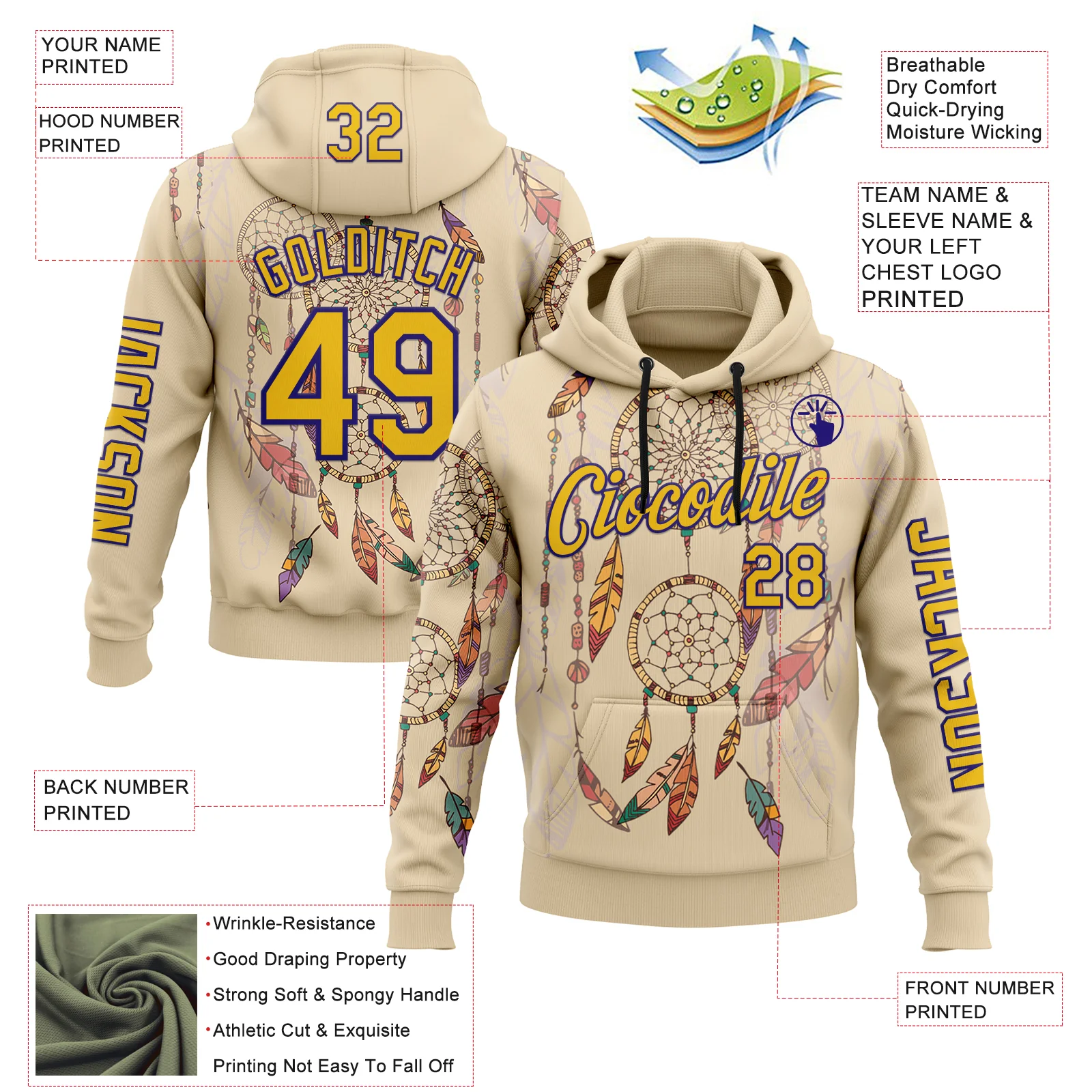 Custom City Cream Yellow-Dark Purple 3D Pattern Design Dreamcatcher Tribal Sportswear Pullover Sweatshirt Hoodie - Image 2