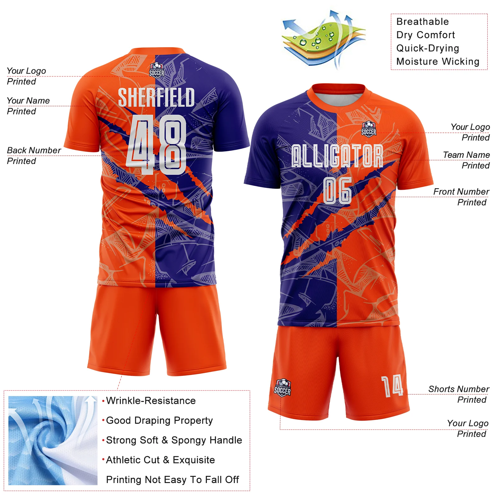 Custom Graffiti Pattern Dark Purple-Orange Scratch Sublimation Soccer Uniform Jersey - Image 4