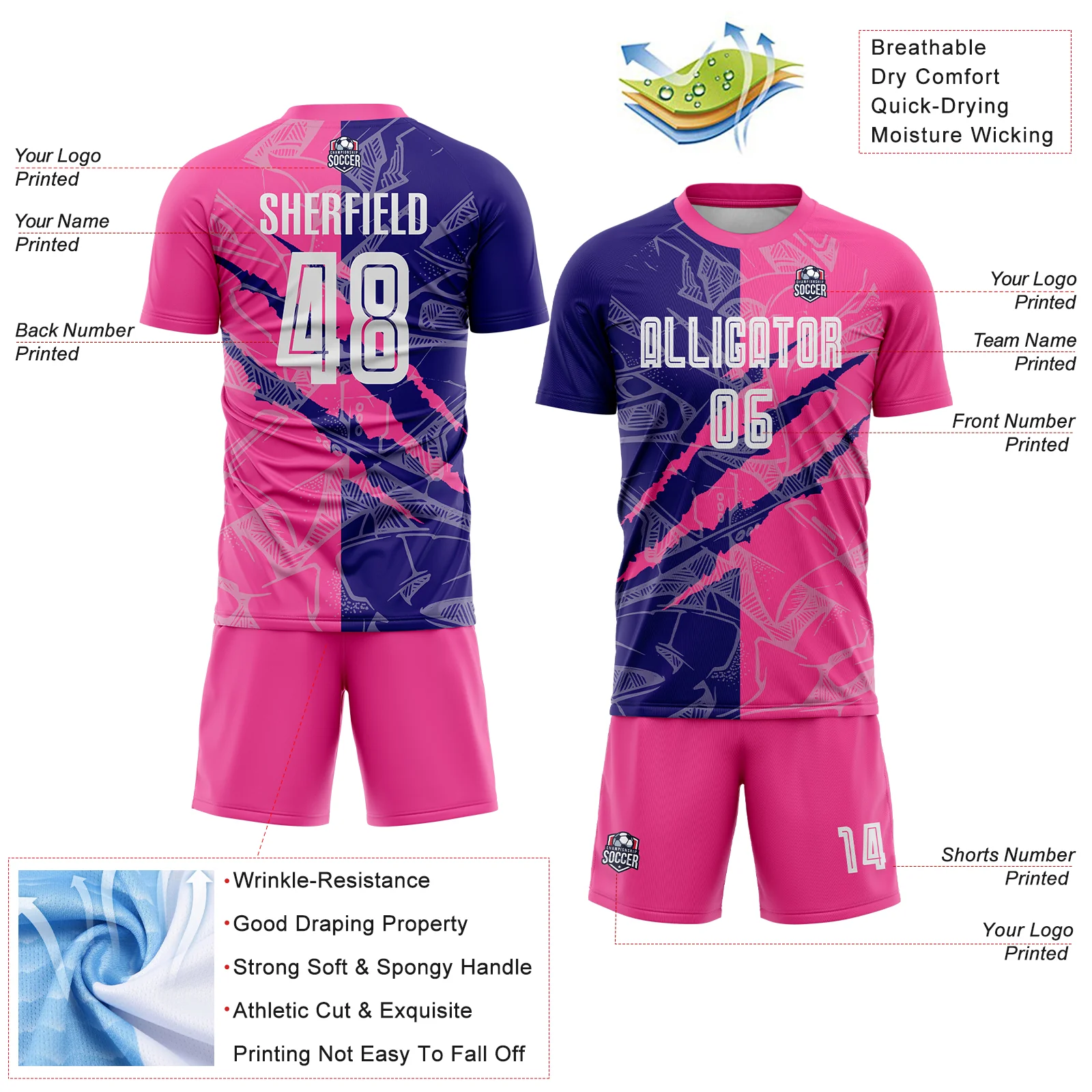 Custom Graffiti Pattern Dark Purple-Pink Scratch Sublimation Soccer Uniform Jersey - Image 4